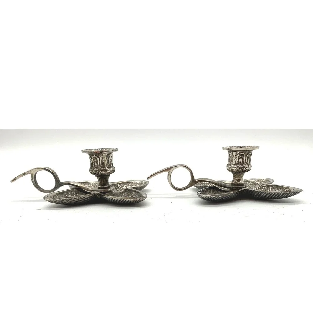 Vintage Silver Flower Chamberstick Candle Holder Pair Hollywood Regency Taper
